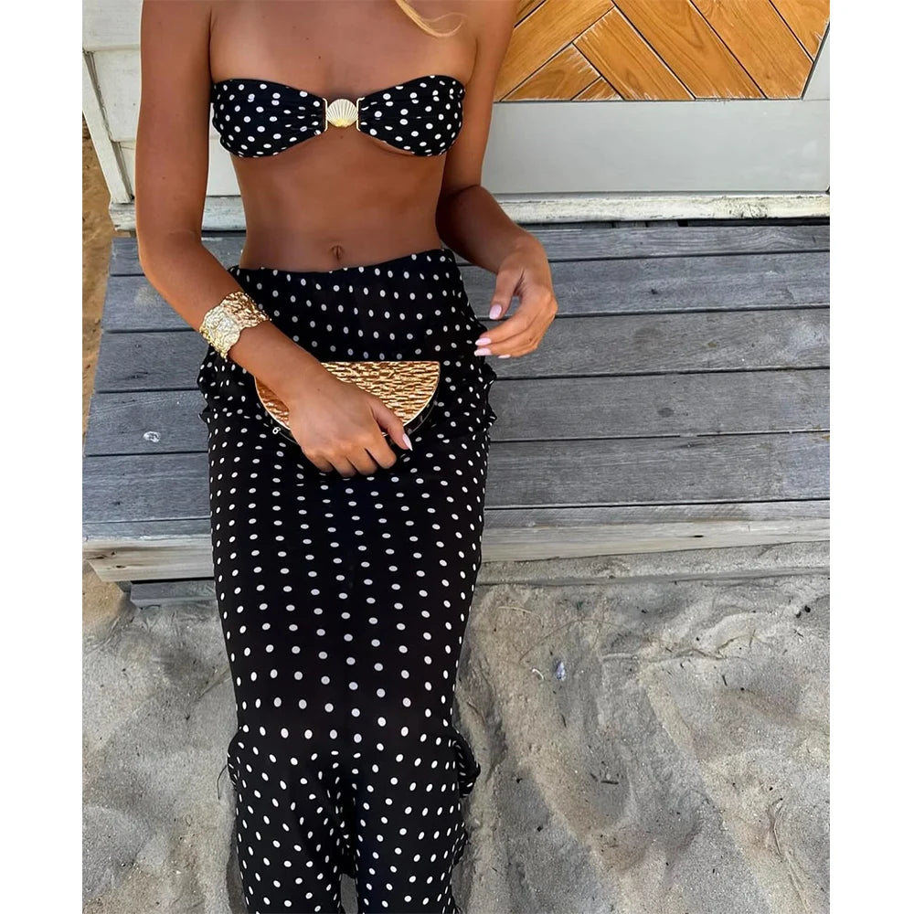 Bandeau Dot 3-Piece Sexy Bikini Set with Long Skirt