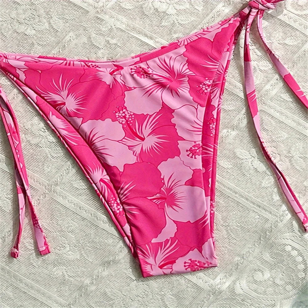 Flower Pendant Bikinis Sets Pink Floral Print Swimsuit Push Up Triangle String Backless Bikini Swimwear Women Beach Bathing Suit