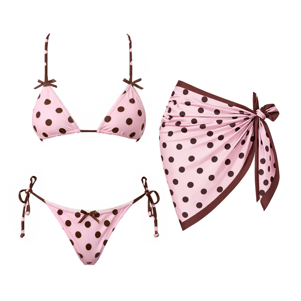 Pink Dot 3Pcs Sexy Bikini 2026 Women Swimsuit Female Push Up Swimwear Brazilian Biquini Mesh Skirt Halter Bathing Suit Beachwear