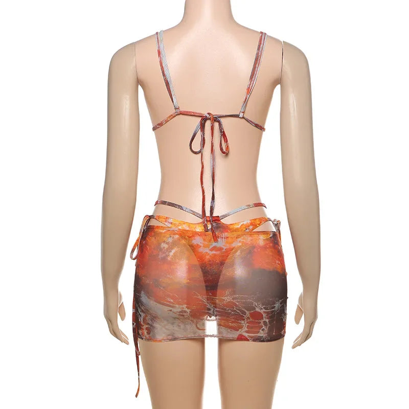 Sexy Hottie Laced up Bikini Mesh Skirt 3 Piece Set Women Split Beach Vacation Bikini 2026 New Summer Swimwea Bikini Set