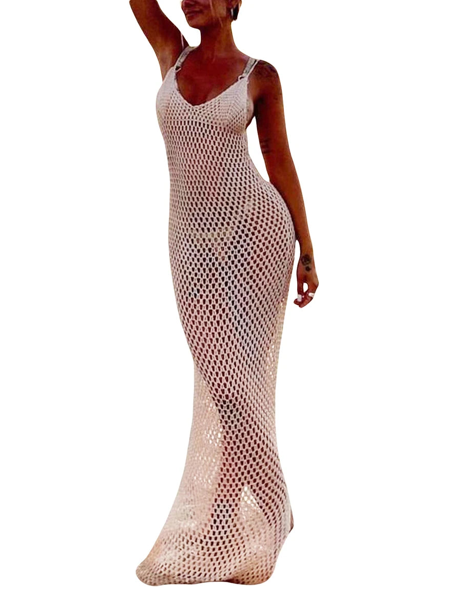 Women Knitted Beach Cover Ups Crochet Cutout Backless Beach Dress For Women Bikini Swimsuit Bathing Suit Summer Beachwear