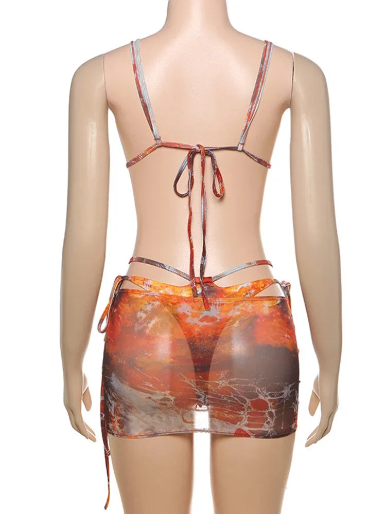 Sexy Hottie Laced up Bikini Mesh Skirt 3 Piece Set Women Split Beach Vacation Bikini 2026 New Summer Swimwea Bikini Set