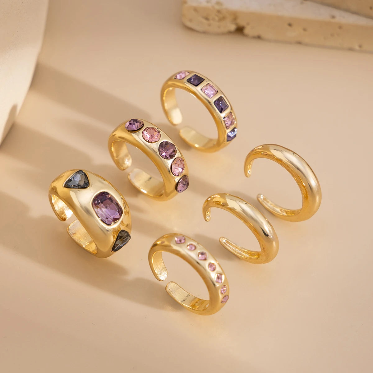 6-Piece Adjustable Purple Zircon Ring Set