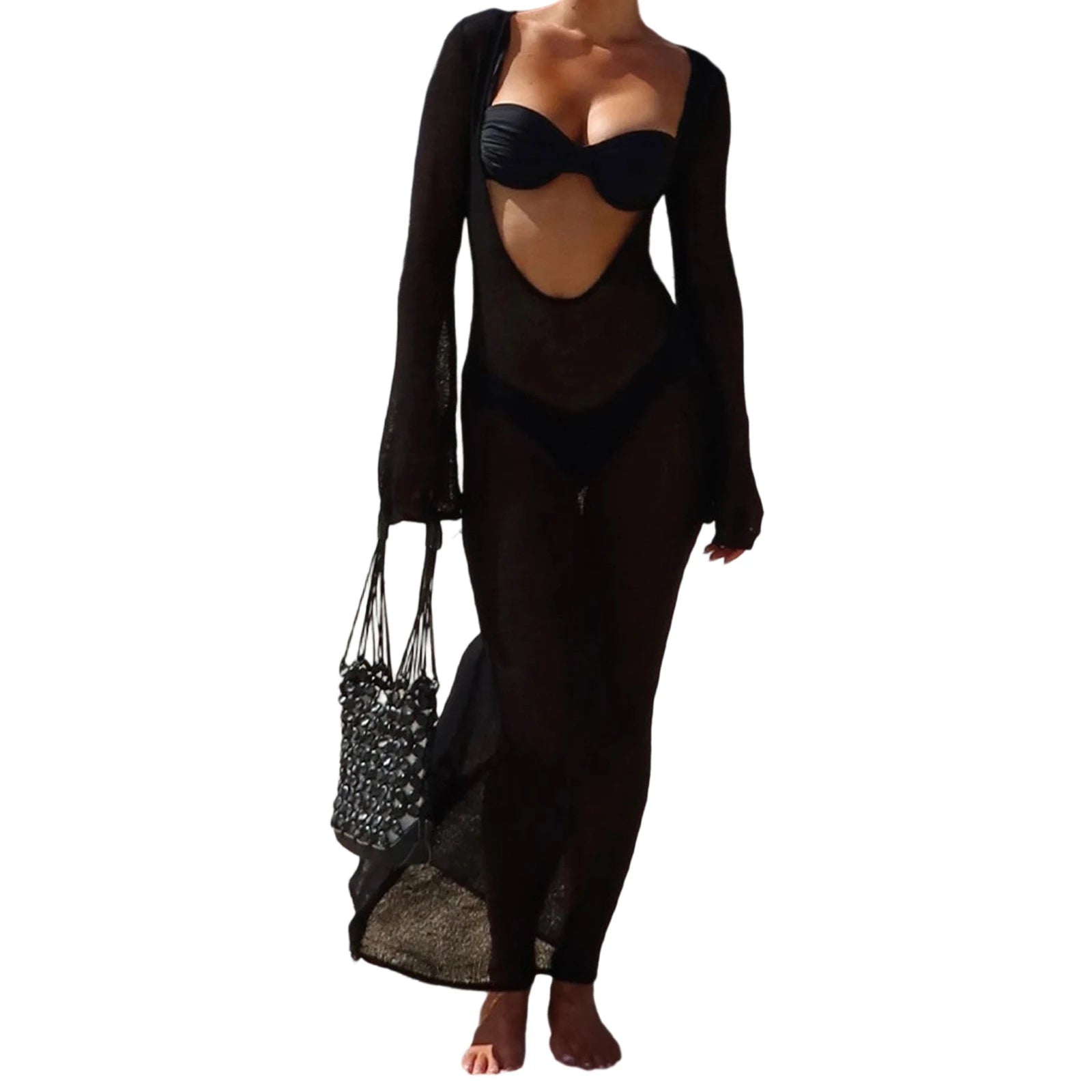 Women Summer y2k Vintage Long Sleeve Cover Up Dress Solid See-Through Backless Aesthetic Boho Beach Vacation Maxi Dresses