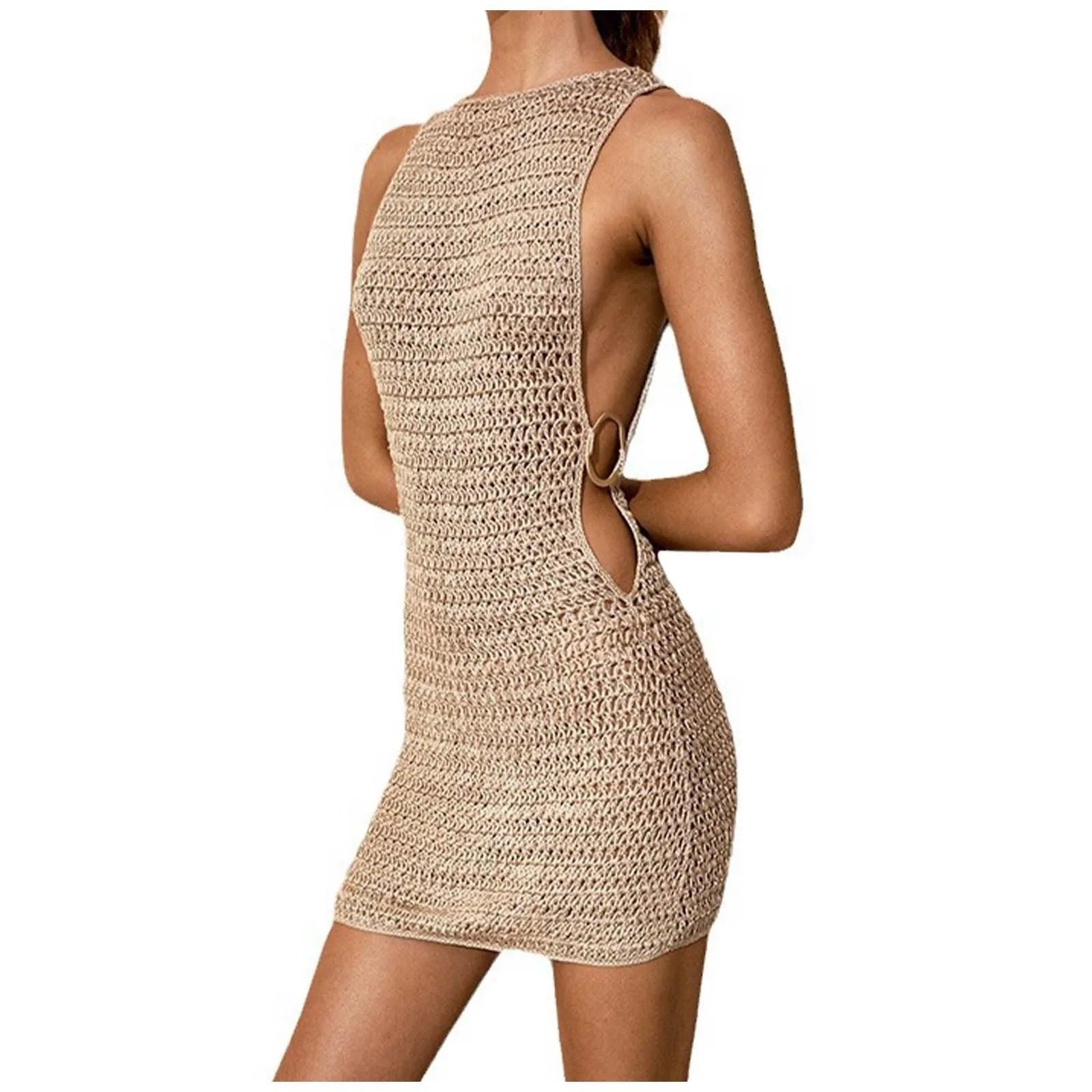 2025 Sexy Cut Out Crochet Knitted Beach Dress Woman Summer Backless Tunic Beach Cover Ups Short Dress Beach Wear Women Swimsuit