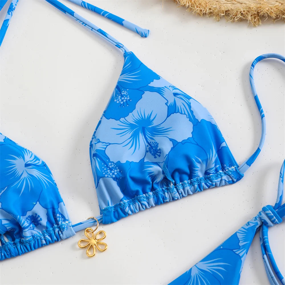 Flower Pendant Bikinis Sets Pink Floral Print Swimsuit Push Up Triangle String Backless Bikini Swimwear Women Beach Bathing Suit