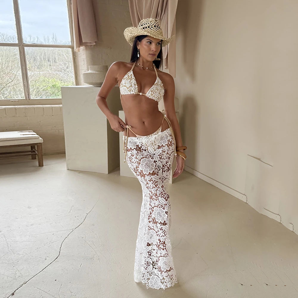 Sexy White Lace 3-Piece Bikini Set