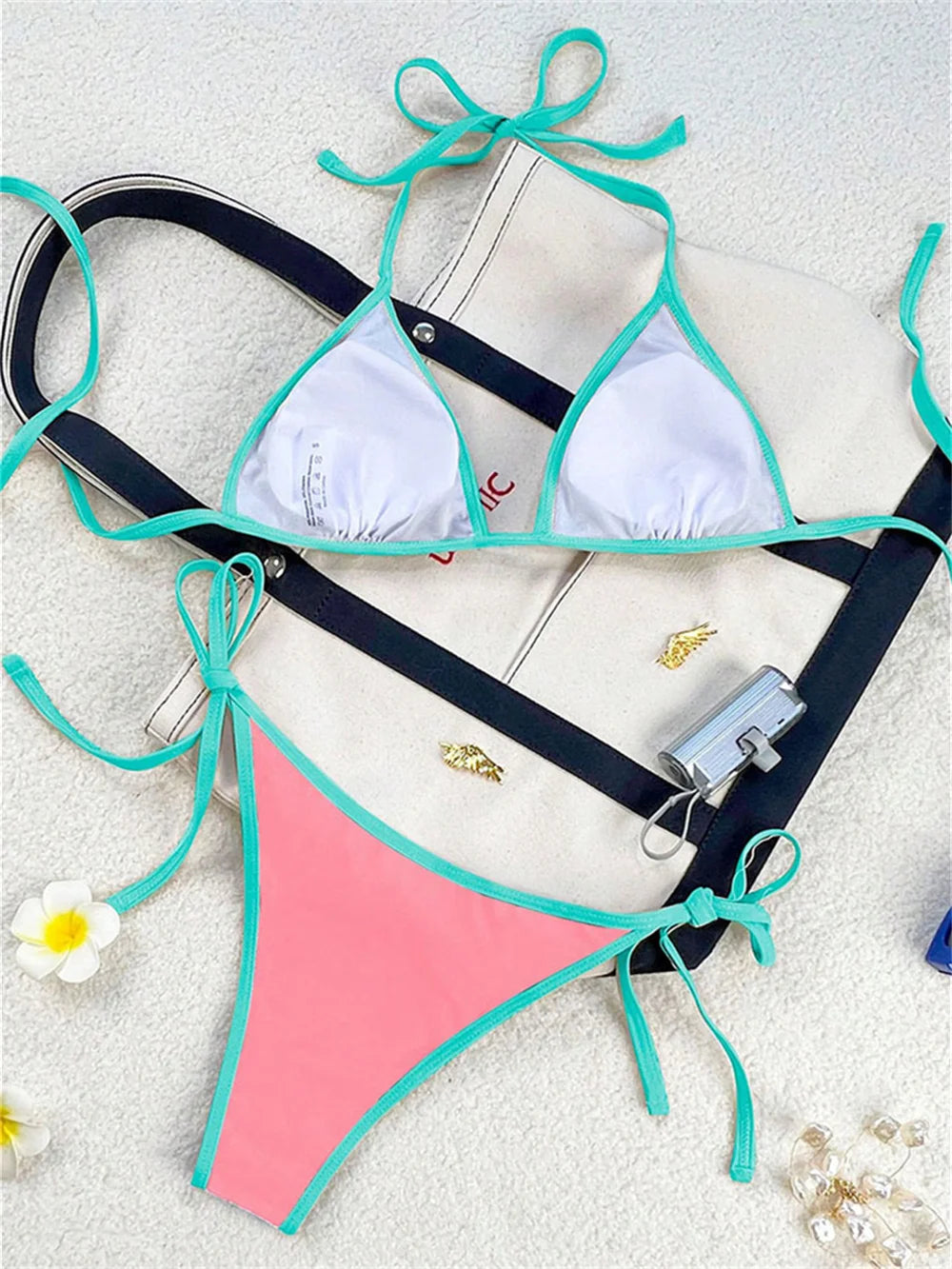 Vintage Blue Bikinis Set Triangle Border String Swimsuit Push Up Swimwear Backless Extrem Bikini Women Beach Outfit Bathing Suit