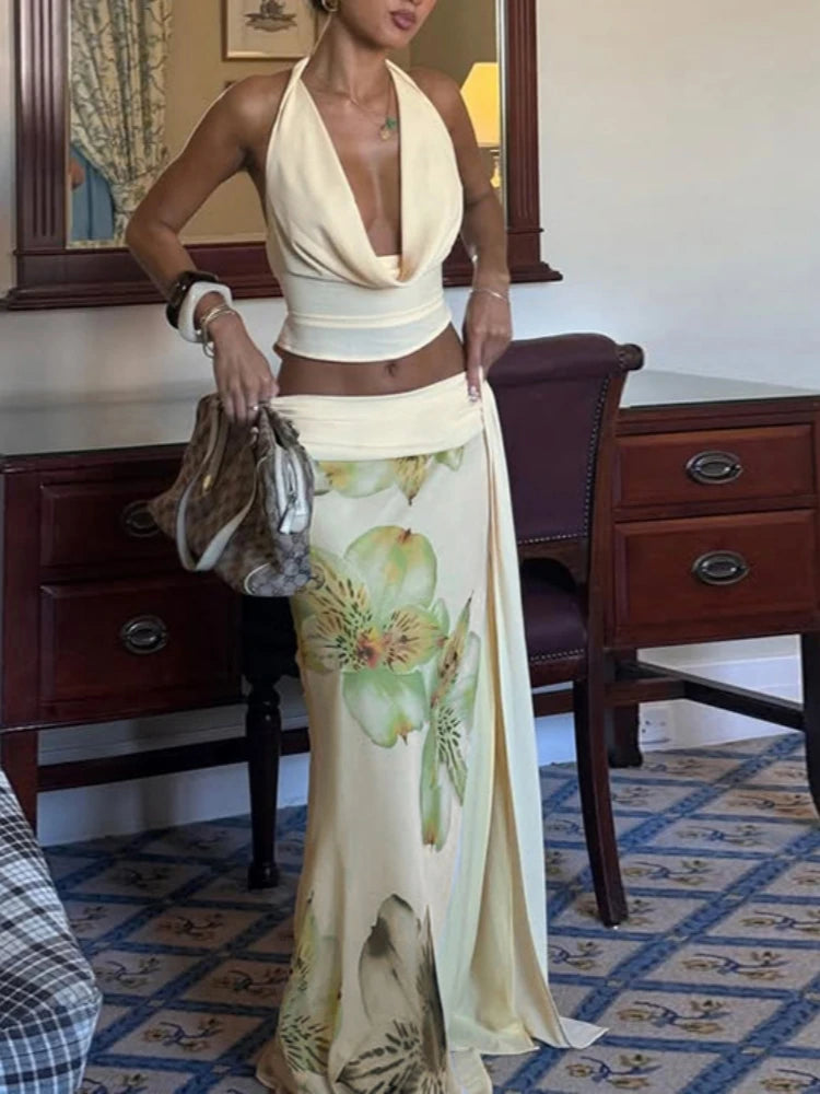 Floral Halter Backless Set