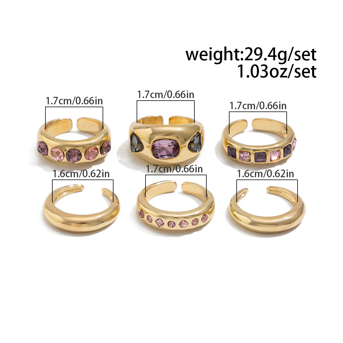 6-Piece Adjustable Purple Zircon Ring Set