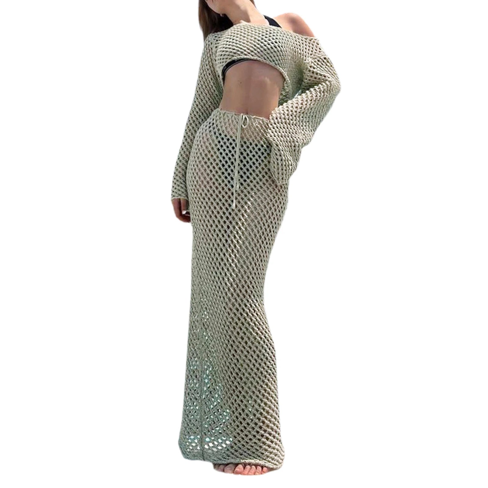 2 Piece Sets Women Bikini Cover-ups Crochet Knit Hollow Out Long Sleeve Smock Tops and Long Skirt Sets See Through Beach Wear