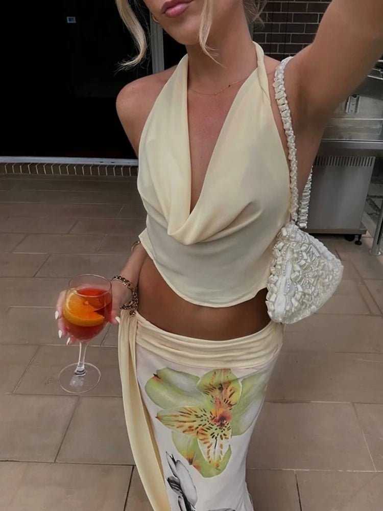 Floral Halter Backless Set