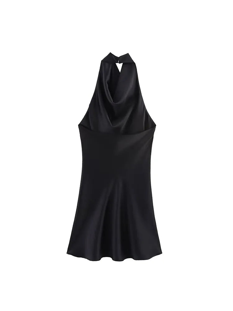 2026 Women Summer Halter Mini Dress Fashion Sexy Satin Backless Solid Female Elegant Street Party Dresses Clothing