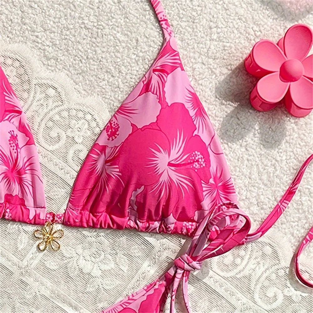 Flower Pendant Bikinis Sets Pink Floral Print Swimsuit Push Up Triangle String Backless Bikini Swimwear Women Beach Bathing Suit