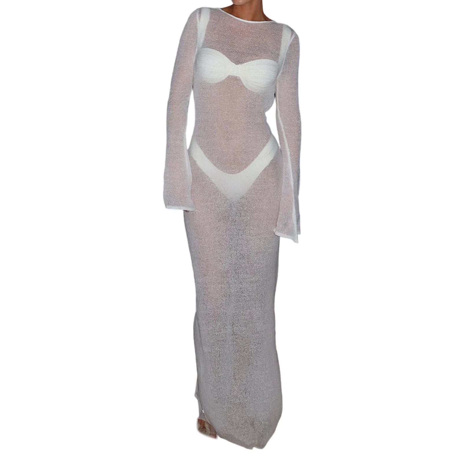 Women Summer y2k Vintage Long Sleeve Cover Up Dress Solid See-Through Backless Aesthetic Boho Beach Vacation Maxi Dresses