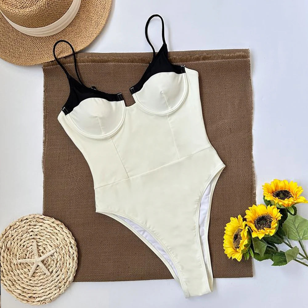 One Piece Swimsuit 2024 New Swimwear Black White Women Bathing Suit Beachwear Vintage Retro Monokini Swim Maillot de bain