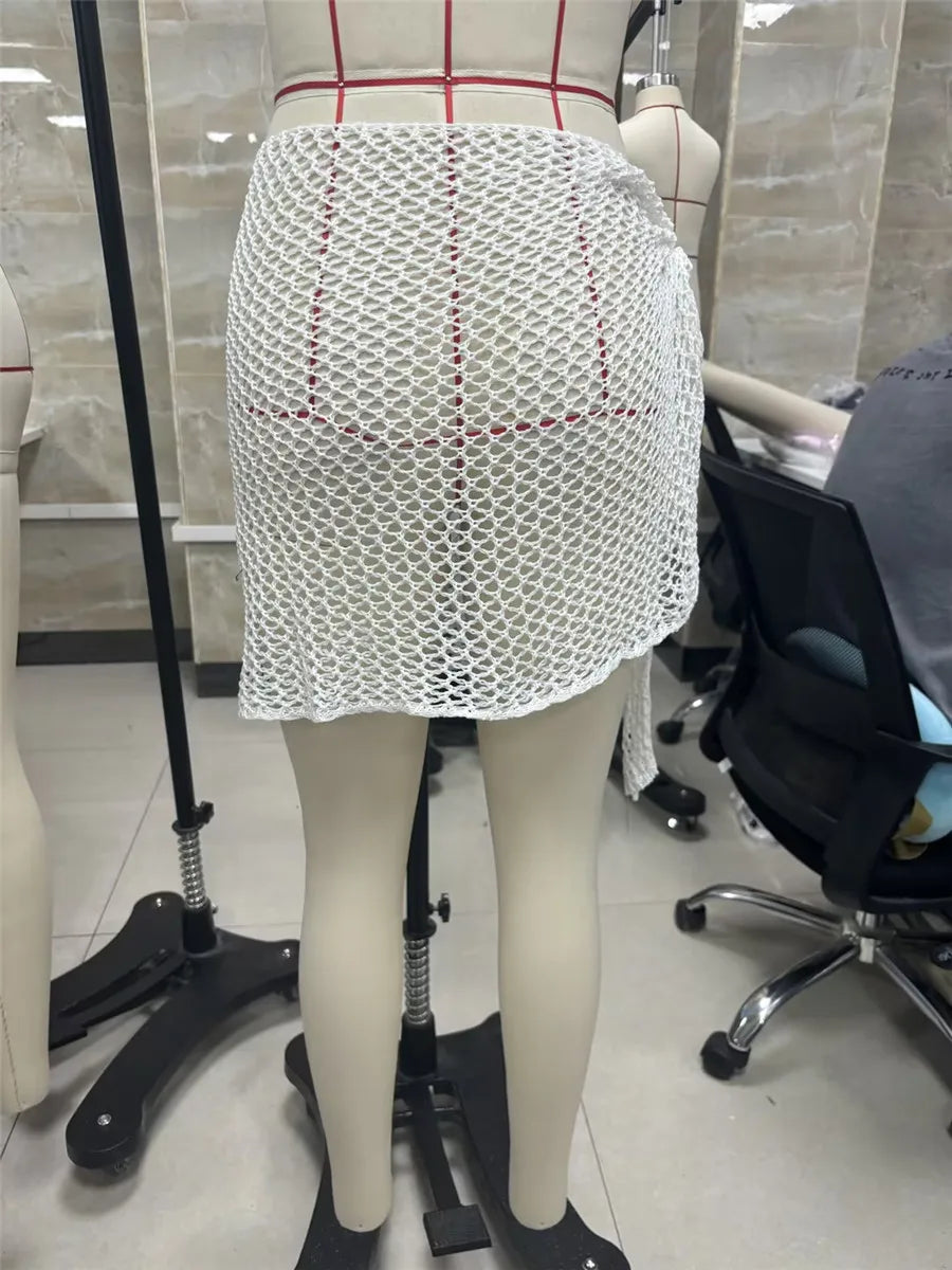 Women Beach Skirt Hollowed Solid Black White Yellow Green Knitted Mini Skirt For Women Summer Vacation Seaside Cover-Up Skirt