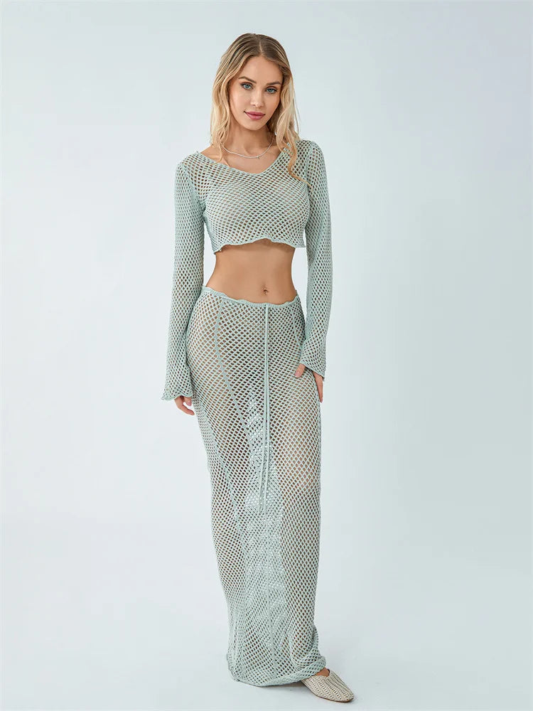 2 Piece Sets Women Bikini Cover-ups Crochet Knit Hollow Out Long Sleeve Smock Tops and Long Skirt Sets See Through Beach Wear