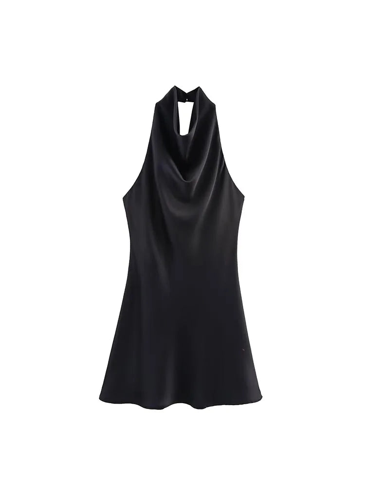 2026 Women Summer Halter Mini Dress Fashion Sexy Satin Backless Solid Female Elegant Street Party Dresses Clothing