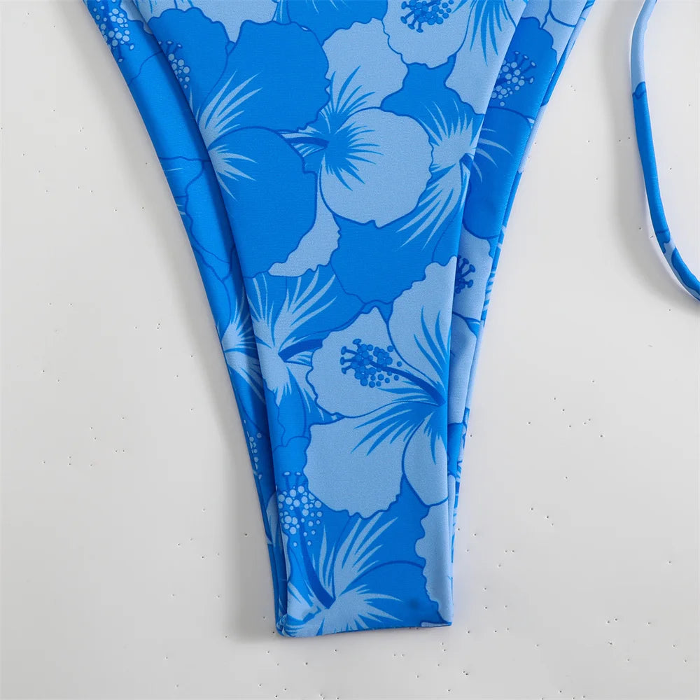 Flower Pendant Bikinis Sets Pink Floral Print Swimsuit Push Up Triangle String Backless Bikini Swimwear Women Beach Bathing Suit