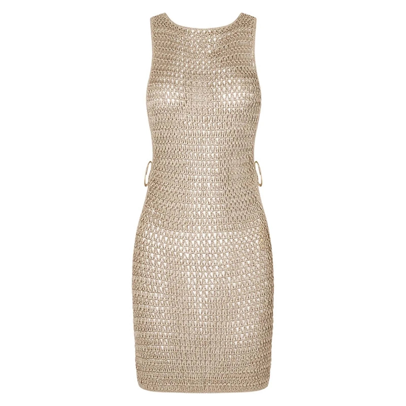 2025 Sexy Cut Out Crochet Knitted Beach Dress Woman Summer Backless Tunic Beach Cover Ups Short Dress Beach Wear Women Swimsuit