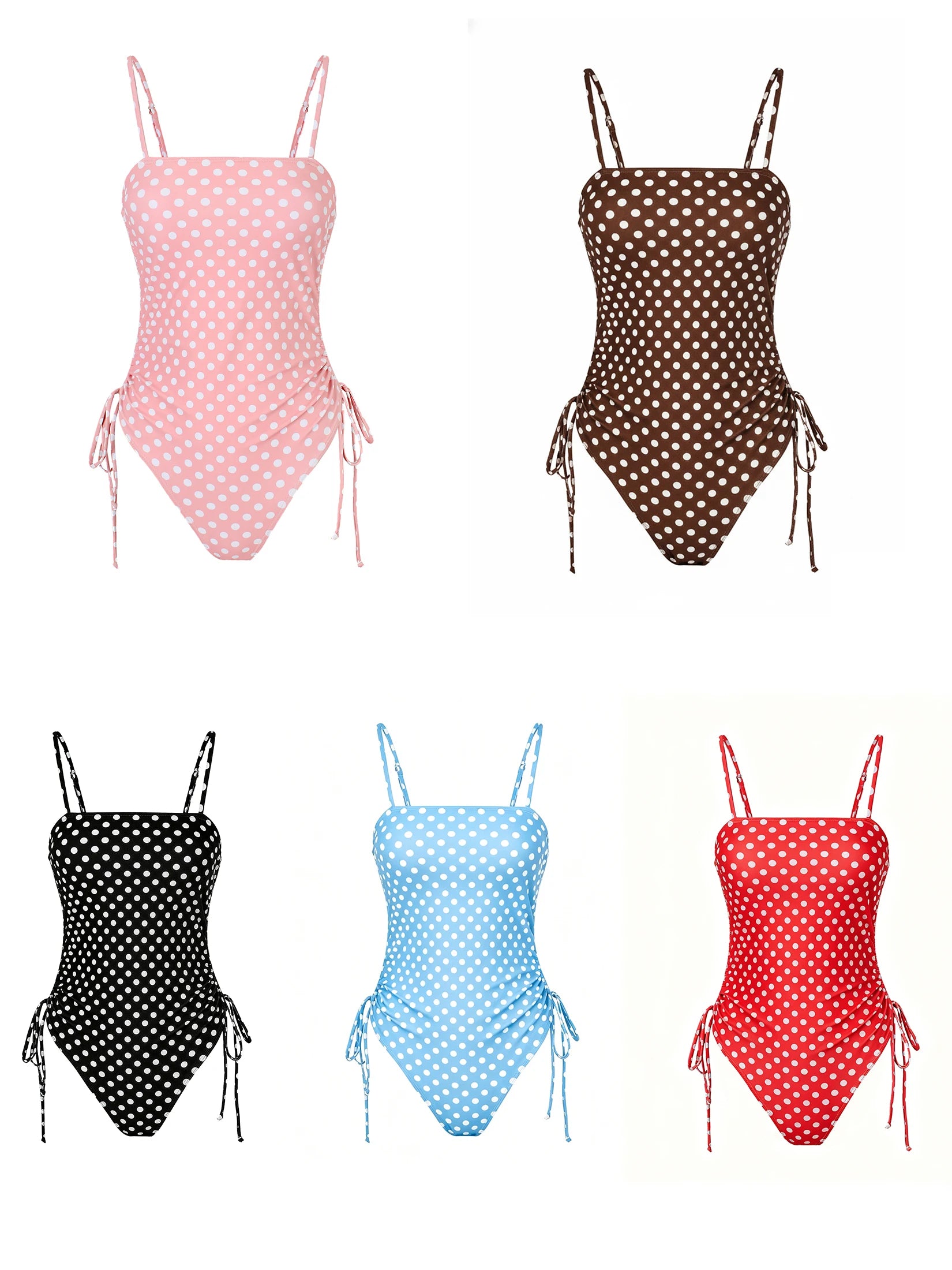 Chic Polka Dot Bikini Set High Cut Swimwear Pink Retro Swimsuit Ruched Top with Side Ties Tropical Vacation Beach Outfit K369