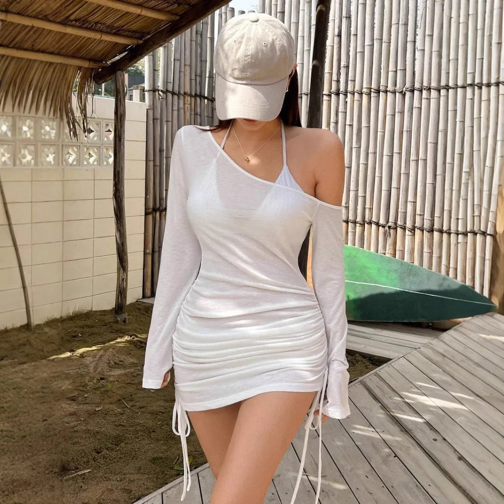 Solid Skew Collar Ruched Straps Lace-Up See-Through Draw String Mini Dress 2026 Summer Women&