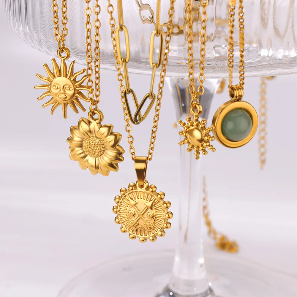 Stainless Steel Geometric Sunflower Pendant Necklace