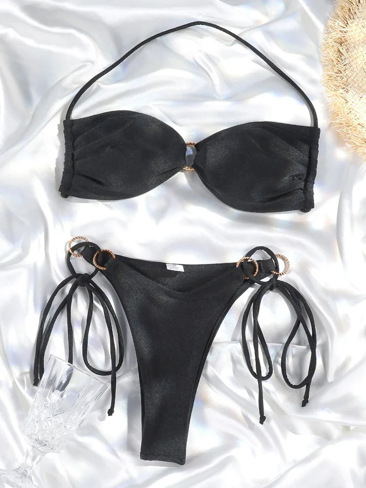 Halter Bikinis Sexy Swimsuit Women Solid Color Swimwear Hollow Out Bikini Set Two Piece Suit Summer Bathing Suits