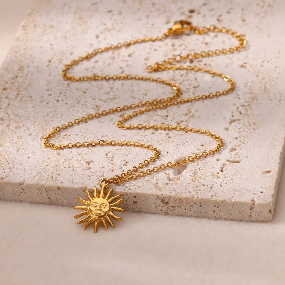 Stainless Steel Geometric Sunflower Pendant Necklace