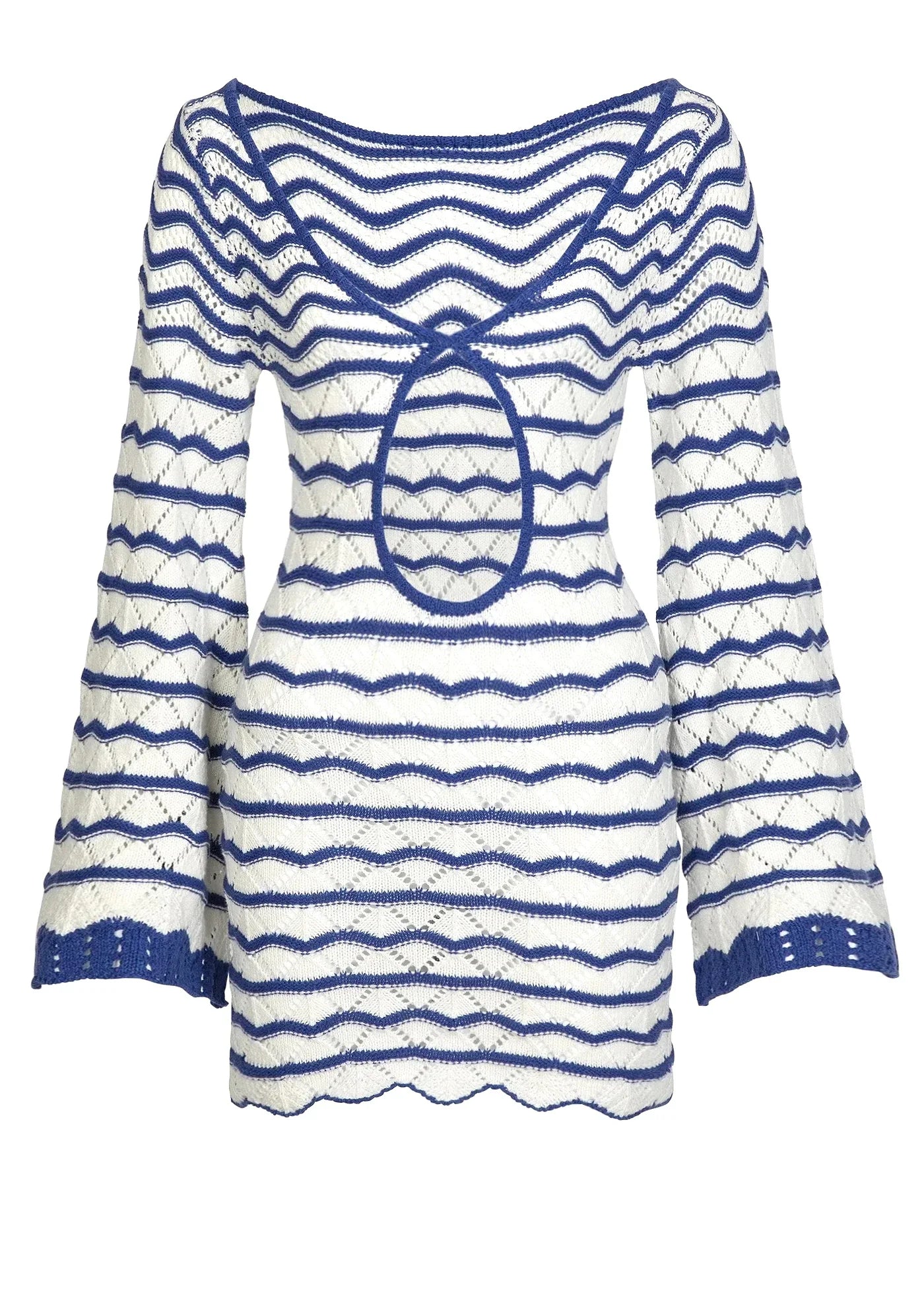Sexy Boho Striped Chic V-neck Cut Out Bell Sleeve Knit Dress 2025 Summer Women Seaside Holiday Mini A-Line Dress K123