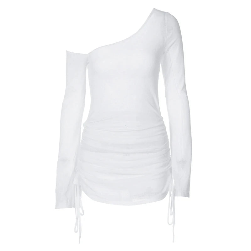 Solid Skew Collar Ruched Straps Lace-Up See Through Draw String Mini Dress 2025 Summer Women Party Clubwear Wholesale