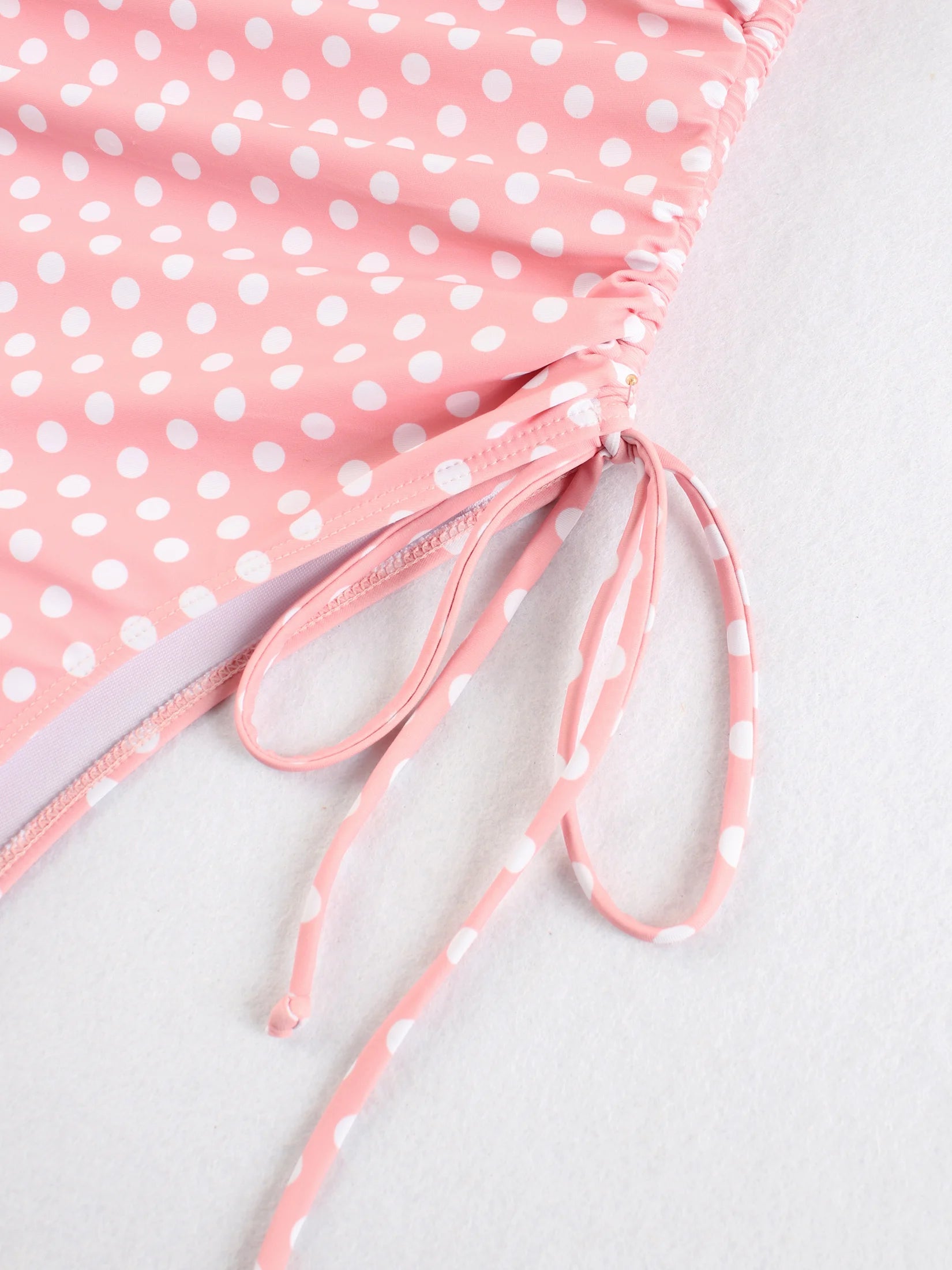 Chic Polka Dot Bikini Set High Cut Swimwear Pink Retro Swimsuit Ruched Top with Side Ties Tropical Vacation Beach Outfit K369