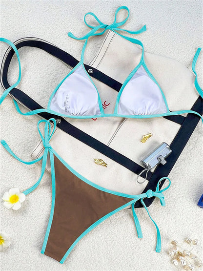 Vintage Blue Bikinis Set Triangle Border String Swimsuit Push Up Swimwear Backless Extrem Bikini Women Beach Outfit Bathing Suit