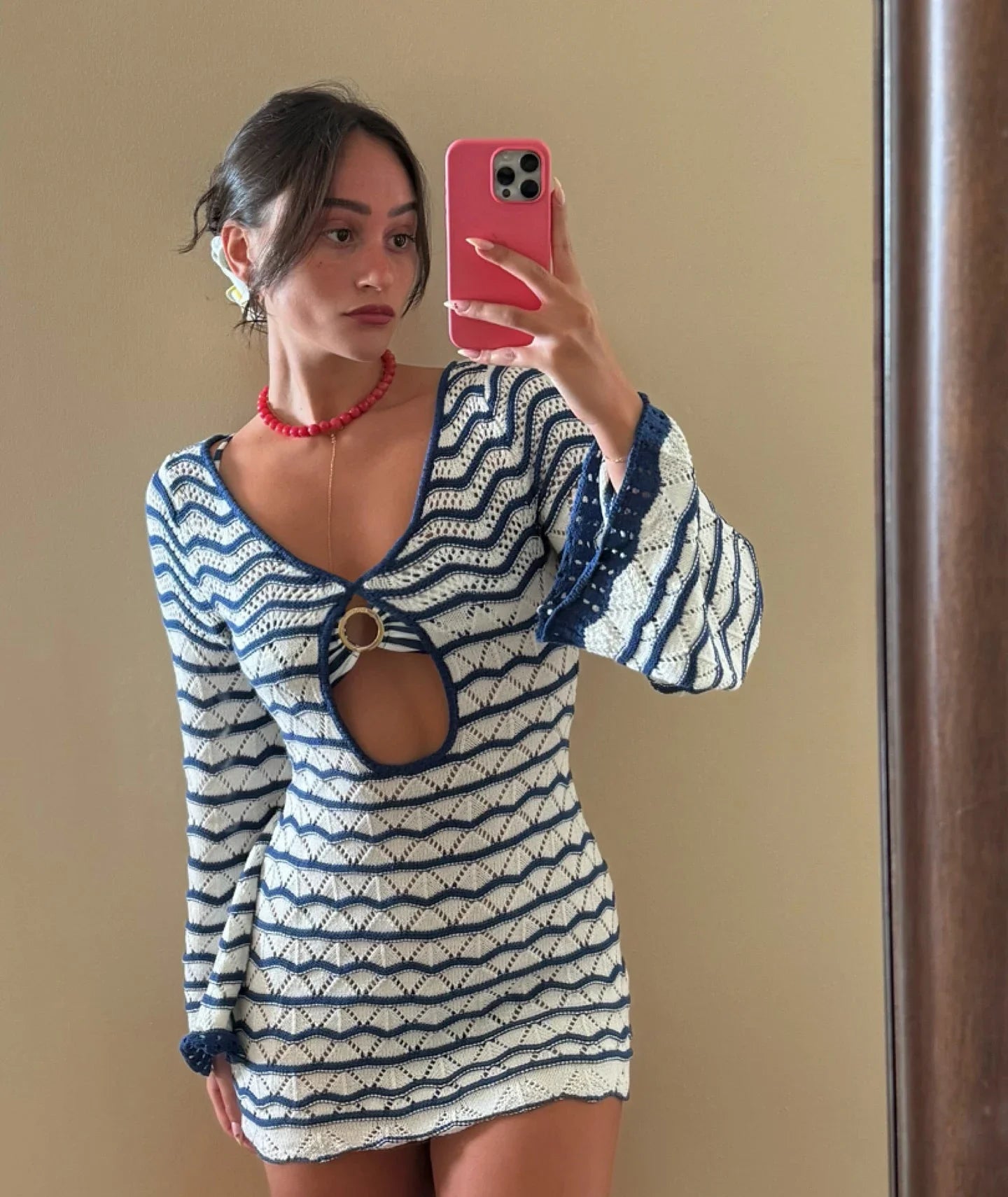Sexy Boho Striped Chic V-neck Cut Out Bell Sleeve Knit Dress 2025 Summer Women Seaside Holiday Mini A-Line Dress K123