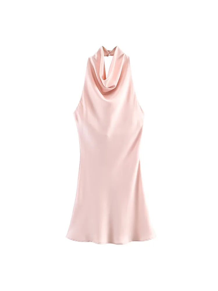 2026 Women Summer Halter Mini Dress Fashion Sexy Satin Backless Solid Female Elegant Street Party Dresses Clothing