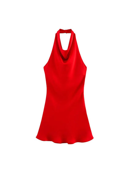 2026 Women Summer Halter Mini Dress Fashion Sexy Satin Backless Solid Female Elegant Street Party Dresses Clothing