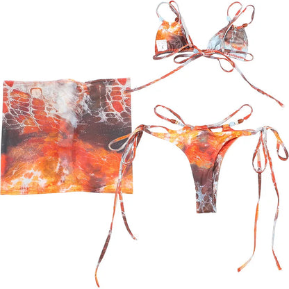 Sexy Hottie Laced up Bikini Mesh Skirt 3 Piece Set Women Split Beach Vacation Bikini 2026 New Summer Swimwea Bikini Set