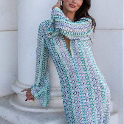 Crochet Colorful Stripe Maxi Dress Women Flare Sleeve Deep V-neck Split Sexy Long Dresses Spring Autumn Beach Banquet Vestidos