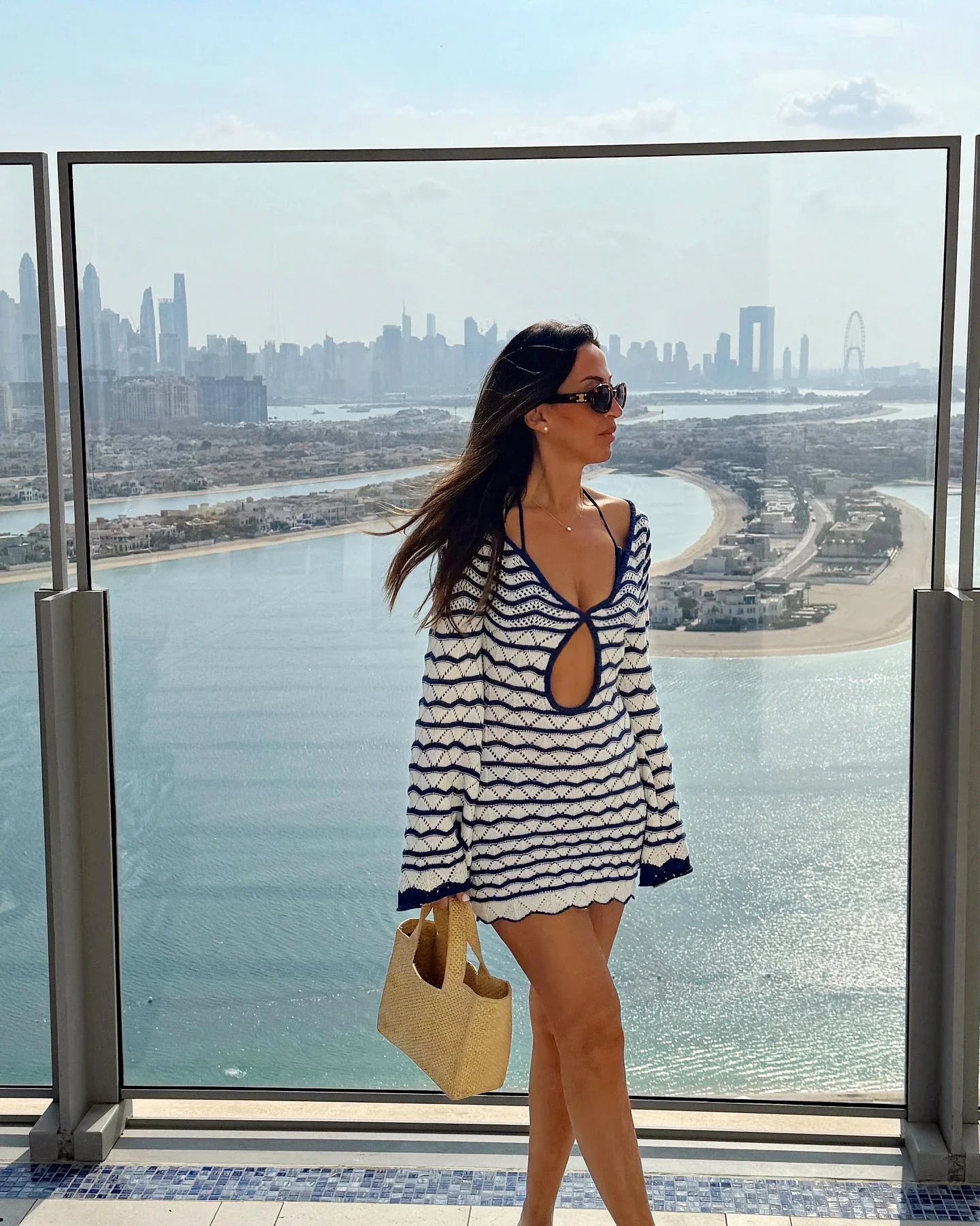 Sexy Boho Striped Chic V-neck Cut Out Bell Sleeve Knit Dress 2025 Summer Women Seaside Holiday Mini A-Line Dress K123