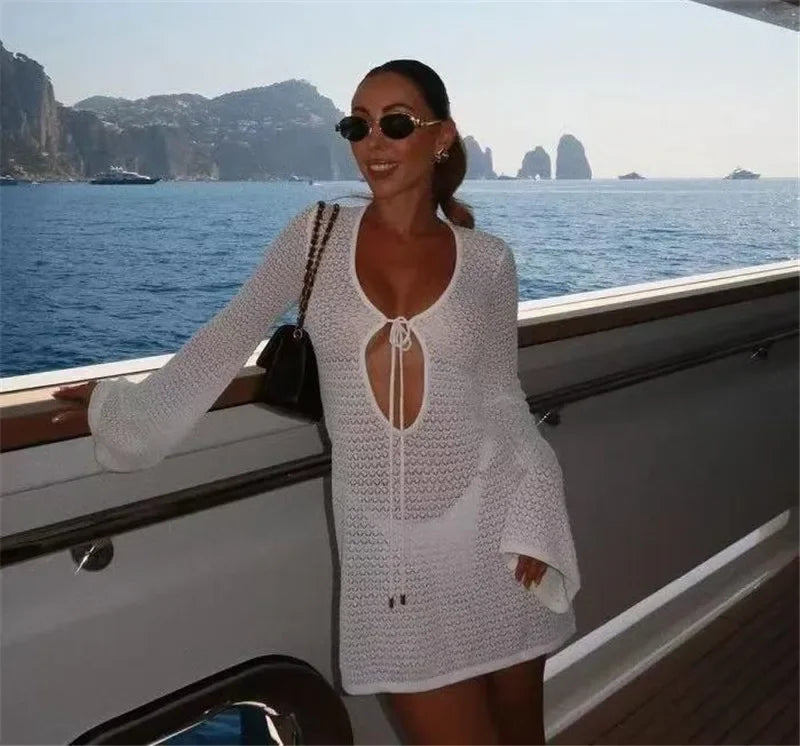 New Beach Dress Sexy Hollow Perspective Knitted Sunscreen 2025 Seaside Vacation Skirt