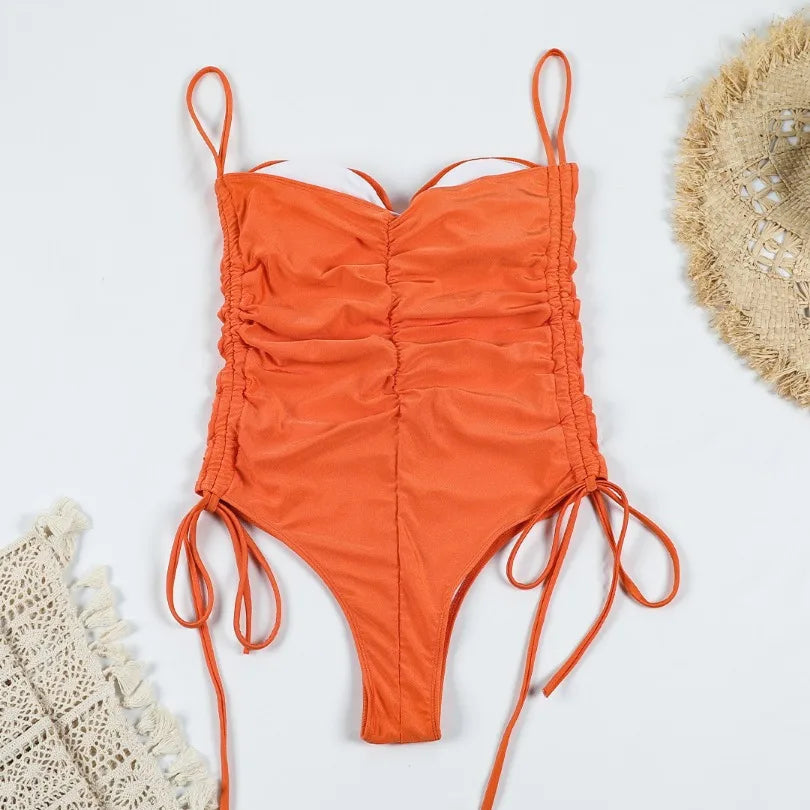 High Waist Swimwear Women One Piece Swimsuit Sexy V-Neck Push Up Bathing Suit Halter Drawstring Bikinis Sets Beachwear Monokinis