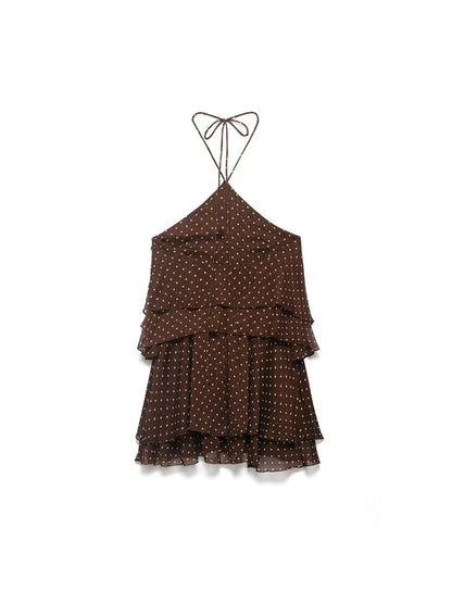 Women Mini Halter Dress 2026 Summer Fashion Polka Dot Cascading Ruffle Off the shoulder Female Elegant Street Dresses Clothes