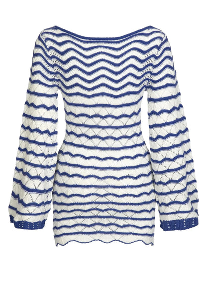 Sexy Boho Striped Chic V-neck Cut Out Bell Sleeve Knit Dress 2025 Summer Women Seaside Holiday Mini A-Line Dress K123