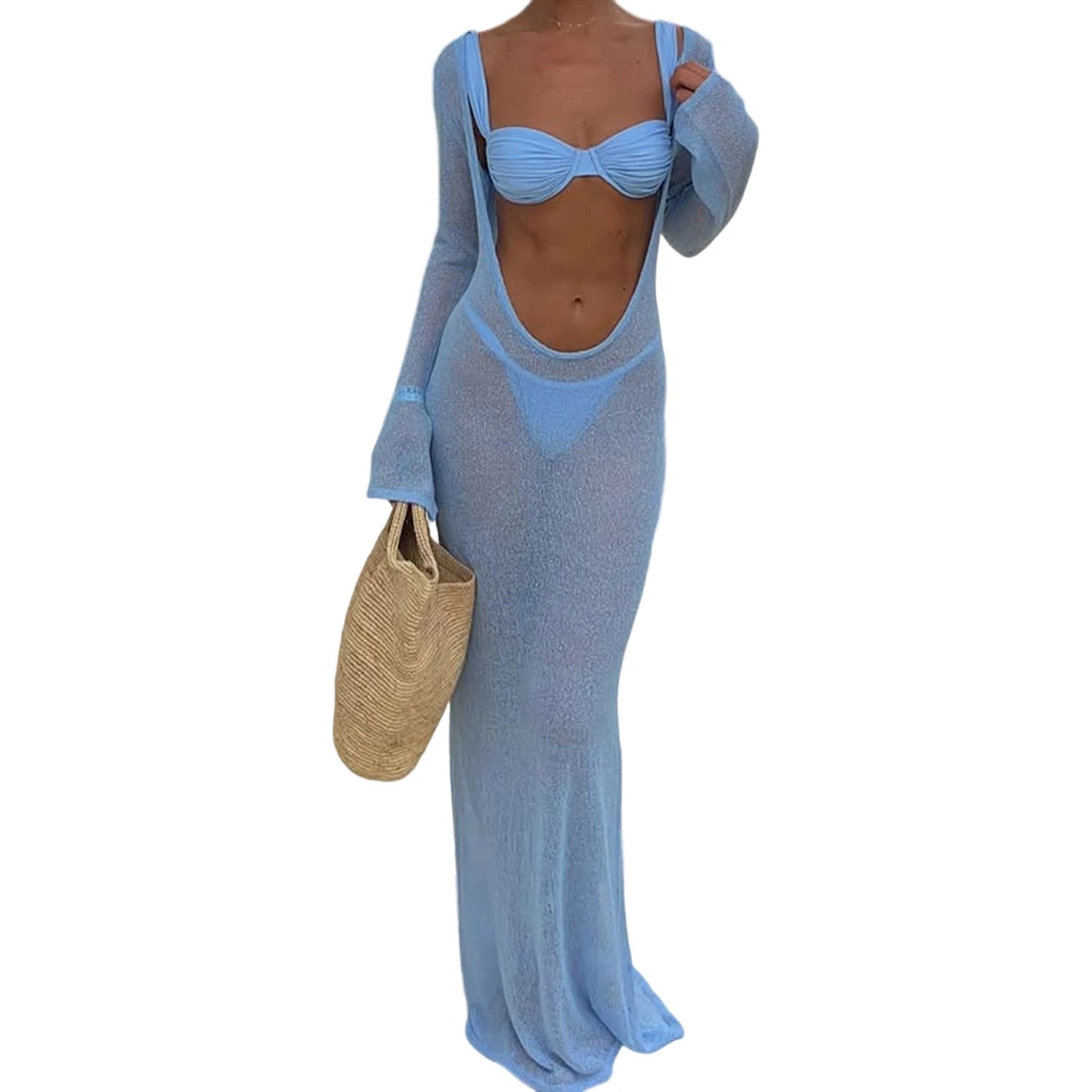 Women Summer y2k Vintage Long Sleeve Cover Up Dress Solid See-Through Backless  Aesthetic Boho Beach Vacation Maxi Dresses