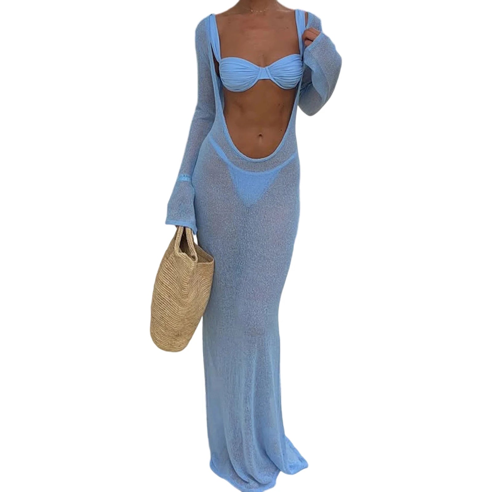 Women Summer y2k Vintage Long Sleeve Cover Up Dress Solid See-Through Backless  Aesthetic Boho Beach Vacation Maxi Dresses