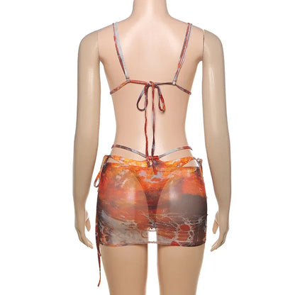 Sexy Hottie Laced up Bikini Mesh Skirt 3 Piece Set Women Split Beach Vacation Bikini 2026 New Summer Swimwea Bikini Set