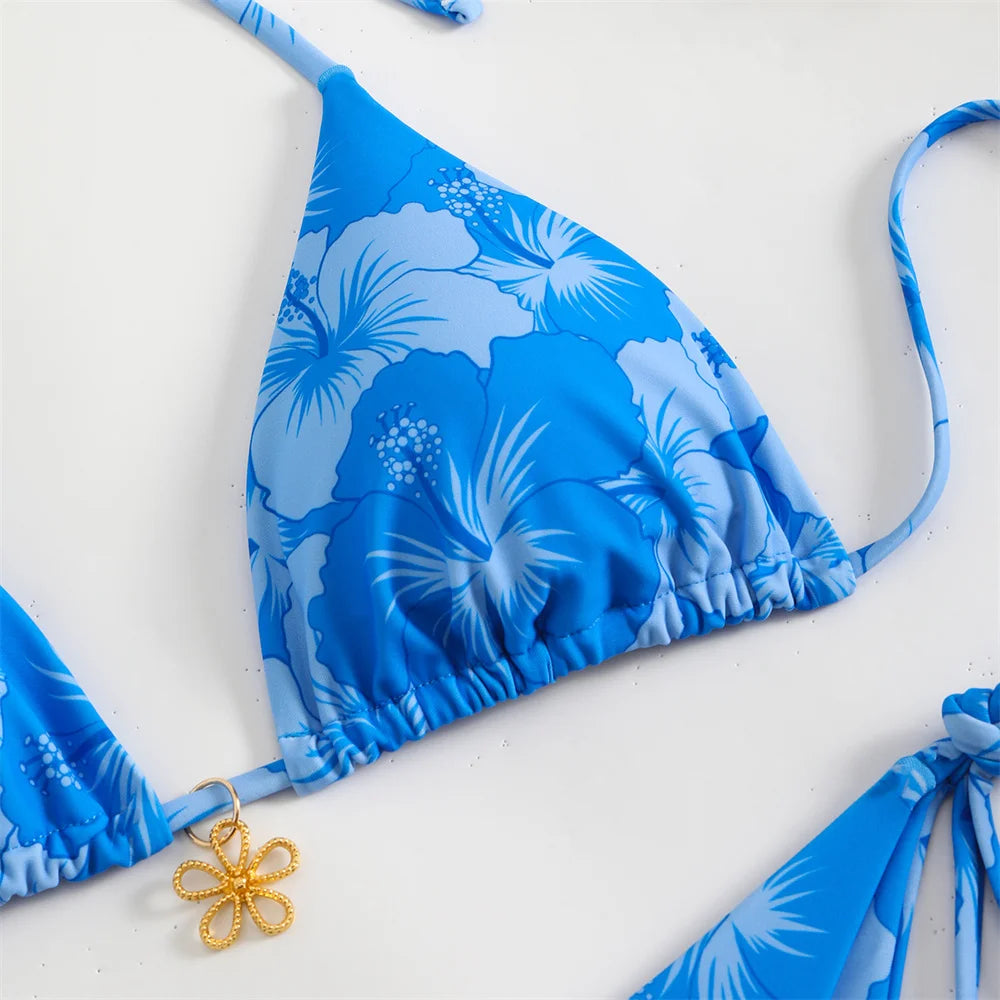 Flower Pendant Bikinis Sets Pink Floral Print Swimsuit Push Up Triangle String Backless Bikini Swimwear Women Beach Bathing Suit