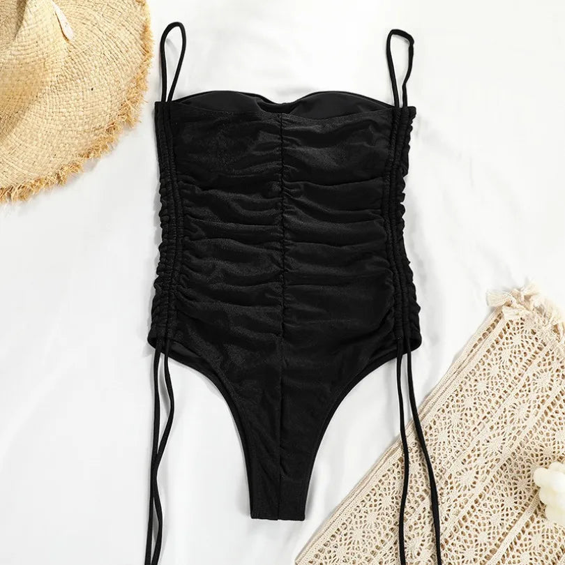 High Waist Swimwear Women One Piece Swimsuit Sexy V-Neck Push Up Bathing Suit Halter Drawstring Bikinis Sets Beachwear Monokinis