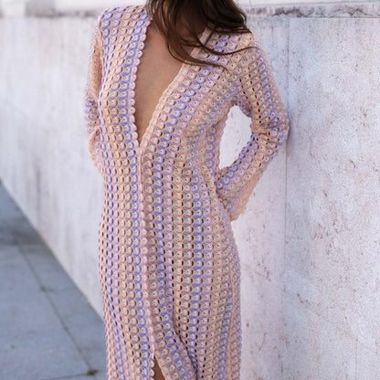 Crochet Colorful Stripe Maxi Dress Women Flare Sleeve Deep V-neck Split Sexy Long Dresses Spring Autumn Beach Banquet Vestidos